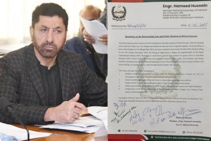 پارلیمانی لیڈر ایم ڈبلیوایم انجینئر حمید حسین کی جانب سےضلع کرم میں بدامنی کےخلاف 55 اراکین پارلیمنٹ کی دستخط شدہ دوسری قراردادقومی اسمبلی میں پیش